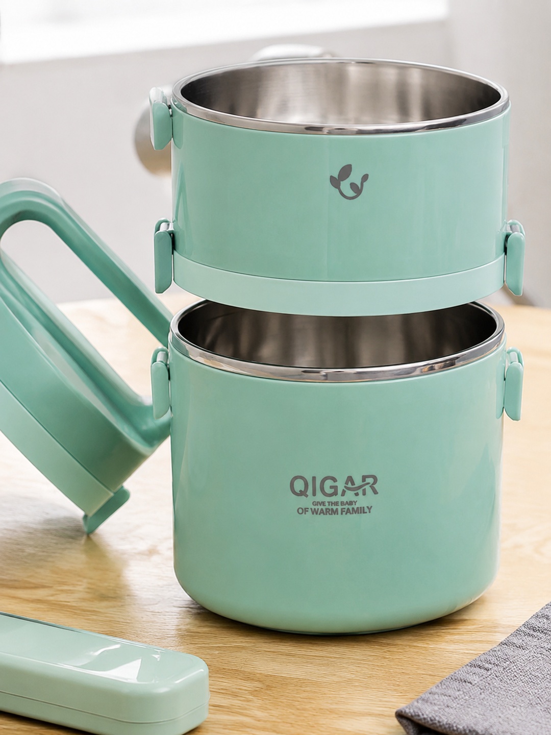 Green 2-Tier 1850ml Insulated Stainless Steel Lunch Box with Utensils