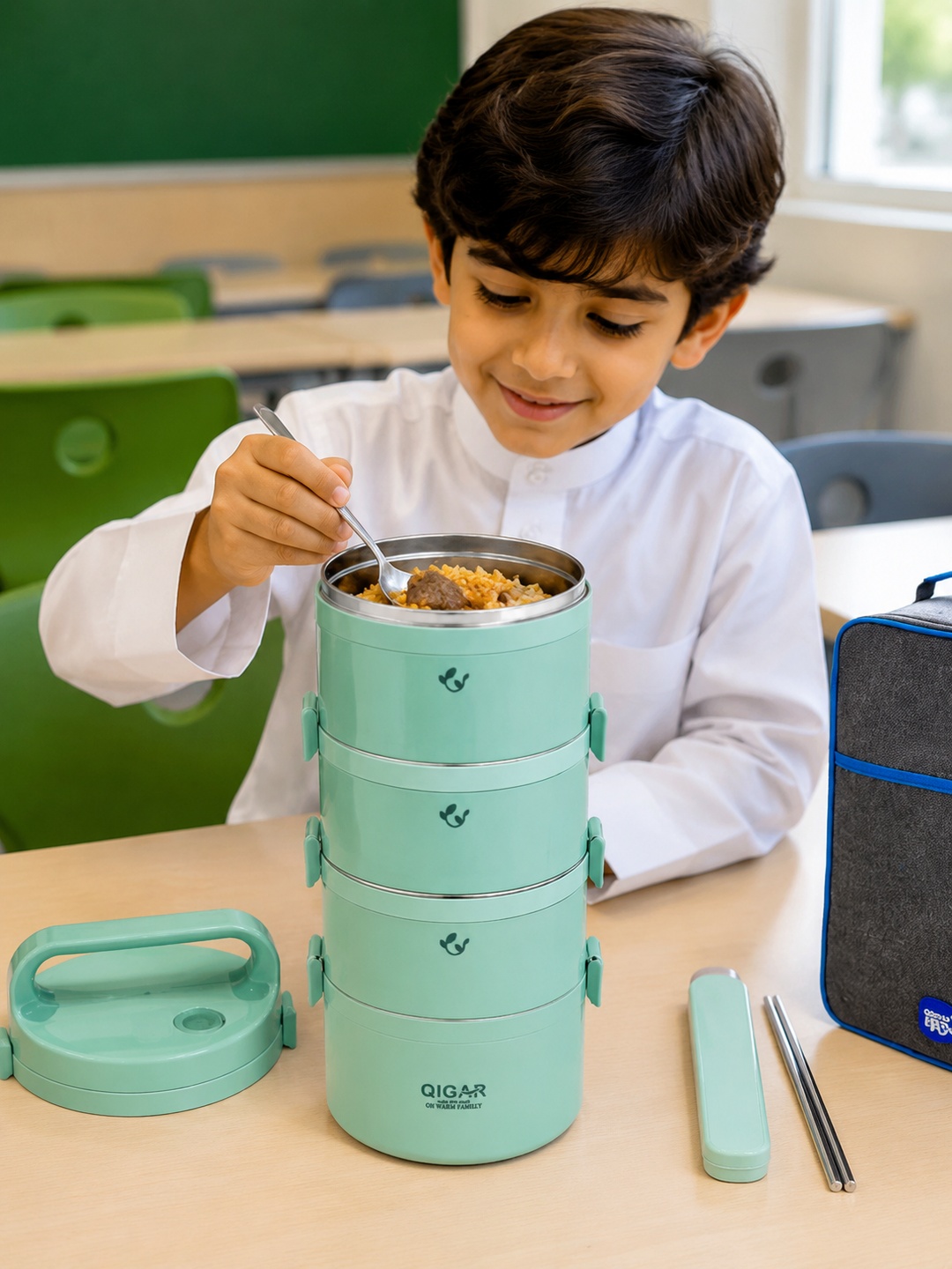 Green 4-Tier 3050ml Stainless Steel Insulated Lunch Box Set