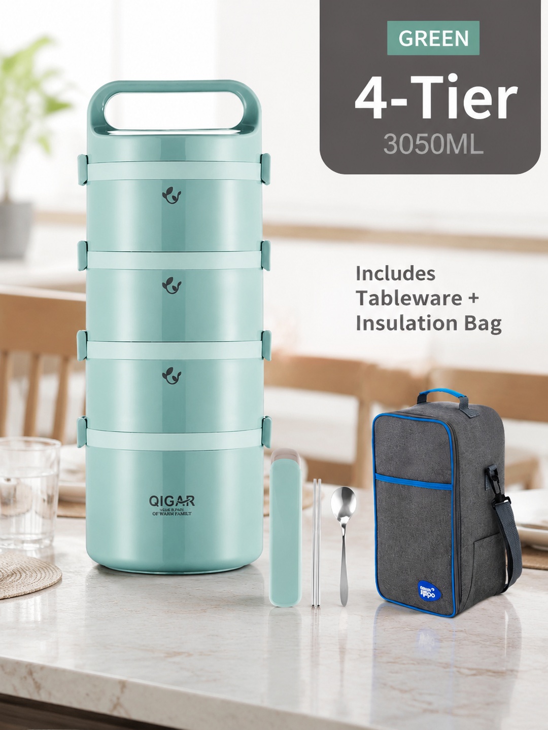 Green 4-Tier 3050ml Stainless Steel Insulated Lunch Box Set