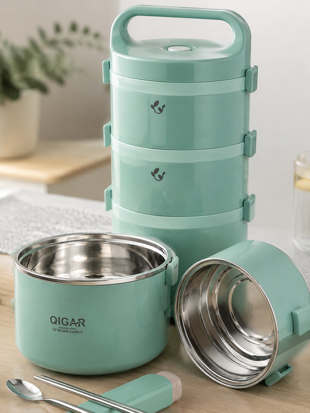 Green 4-Tier 3050ml Stainless Steel Insulated Lunch Box Set