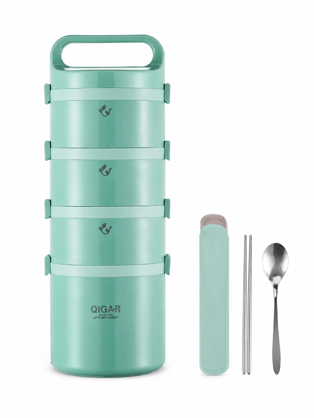 Green 4-Tier Insulated Stainless Steel Lunch Box with Cutlery 3050 mL