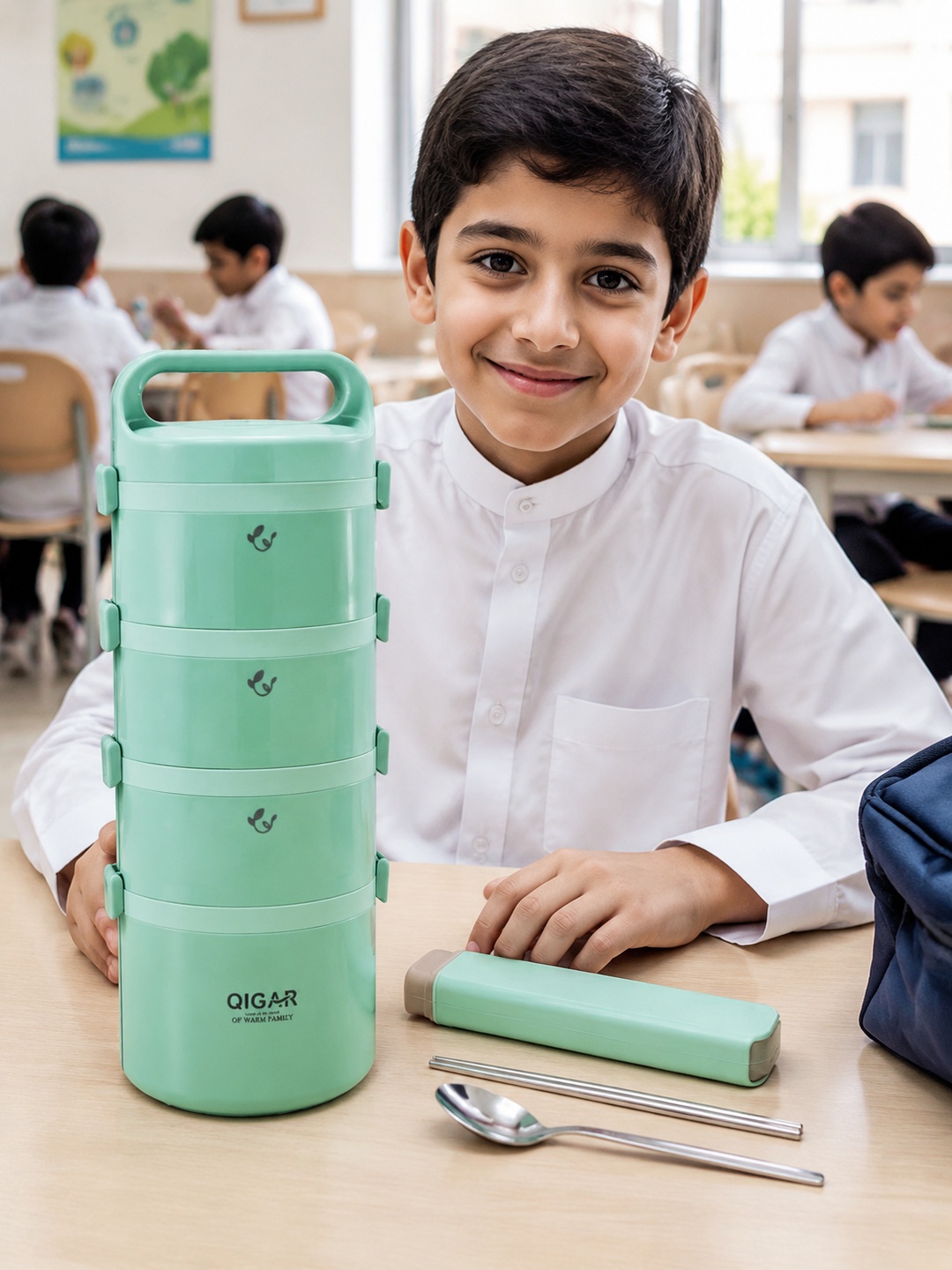 Green 4-Tier Insulated Stainless Steel Lunch Box with Cutlery 3050 mL
