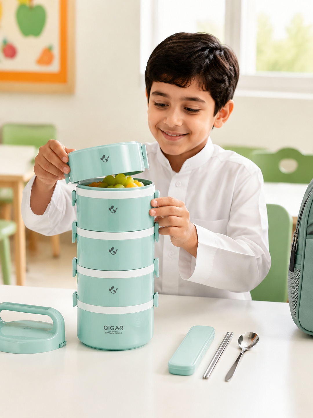 Green 4-Tier Insulated Stainless Steel Lunch Box with Cutlery 3050 mL