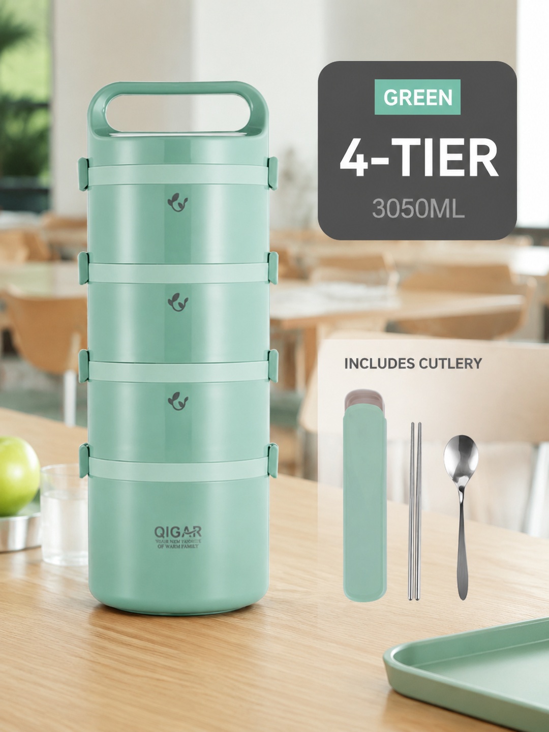 Green 4-Tier Insulated Stainless Steel Lunch Box with Cutlery 3050 mL