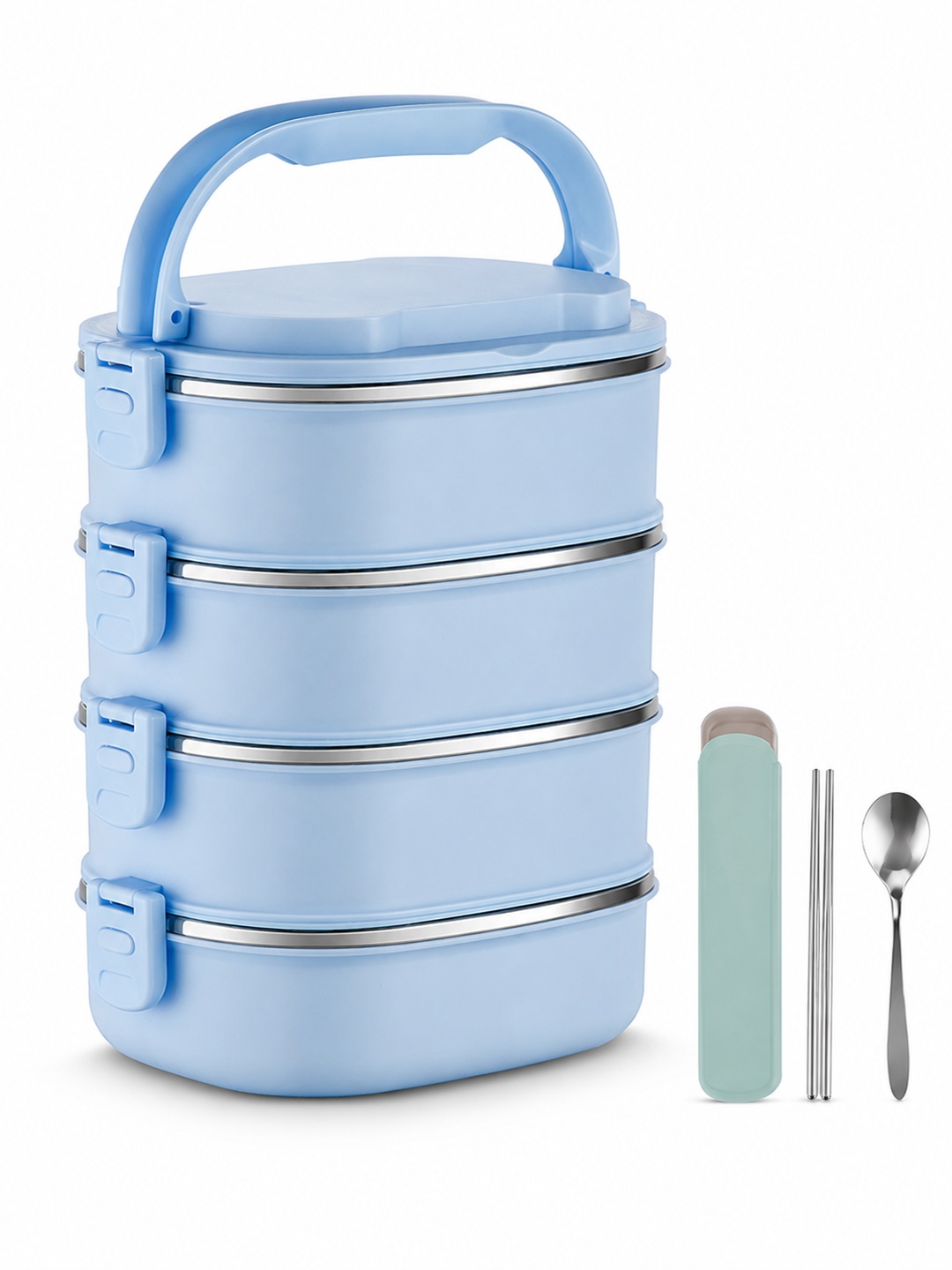Blue 4-Tier Stainless Steel Bento Lunch Box Set, 3600ml
