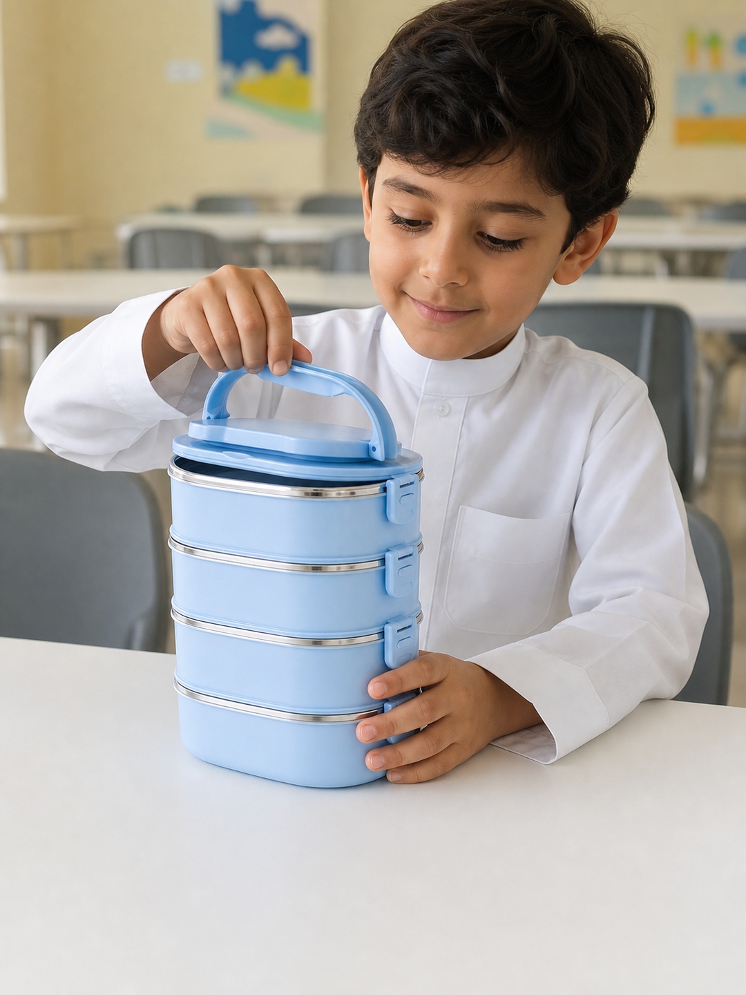 Blue 4-Tier Stainless Steel Bento Lunch Box Set, 3600ml