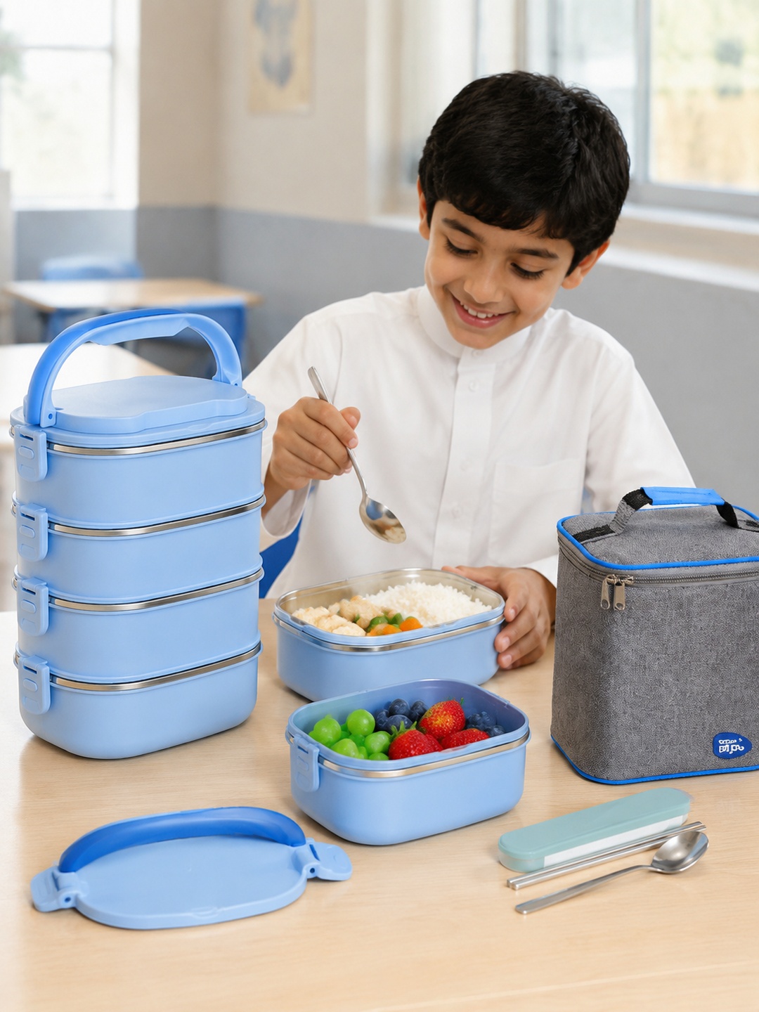 Blue 4-Tier Stainless Steel Bento Lunch Box Set, 3600ml