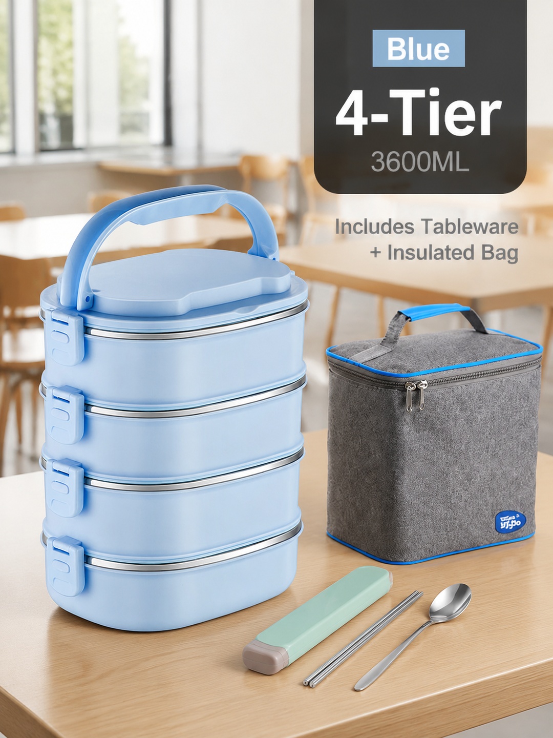 Blue 4-Tier Stainless Steel Bento Lunch Box Set, 3600ml