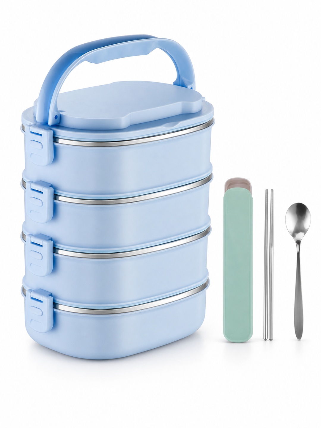 Blue 4-Tier Stainless Steel Lunch Box Set with Spoon and Chopsticks