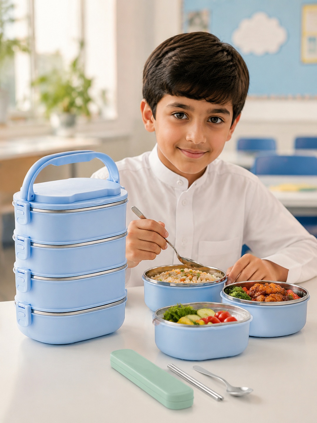 Blue 4-Tier Stainless Steel Lunch Box Set with Spoon and Chopsticks