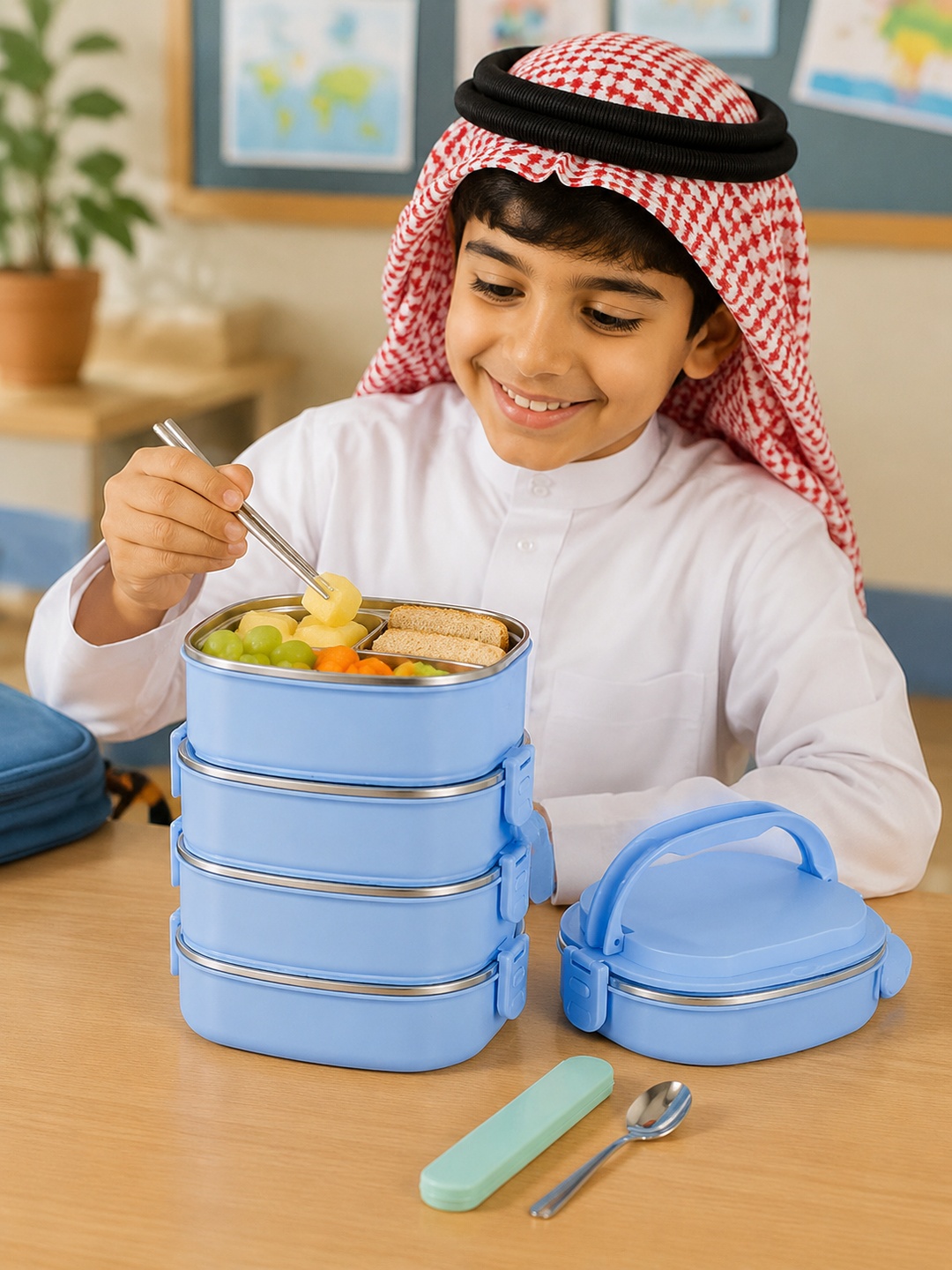 Blue 4-Tier Stainless Steel Lunch Box Set with Spoon and Chopsticks