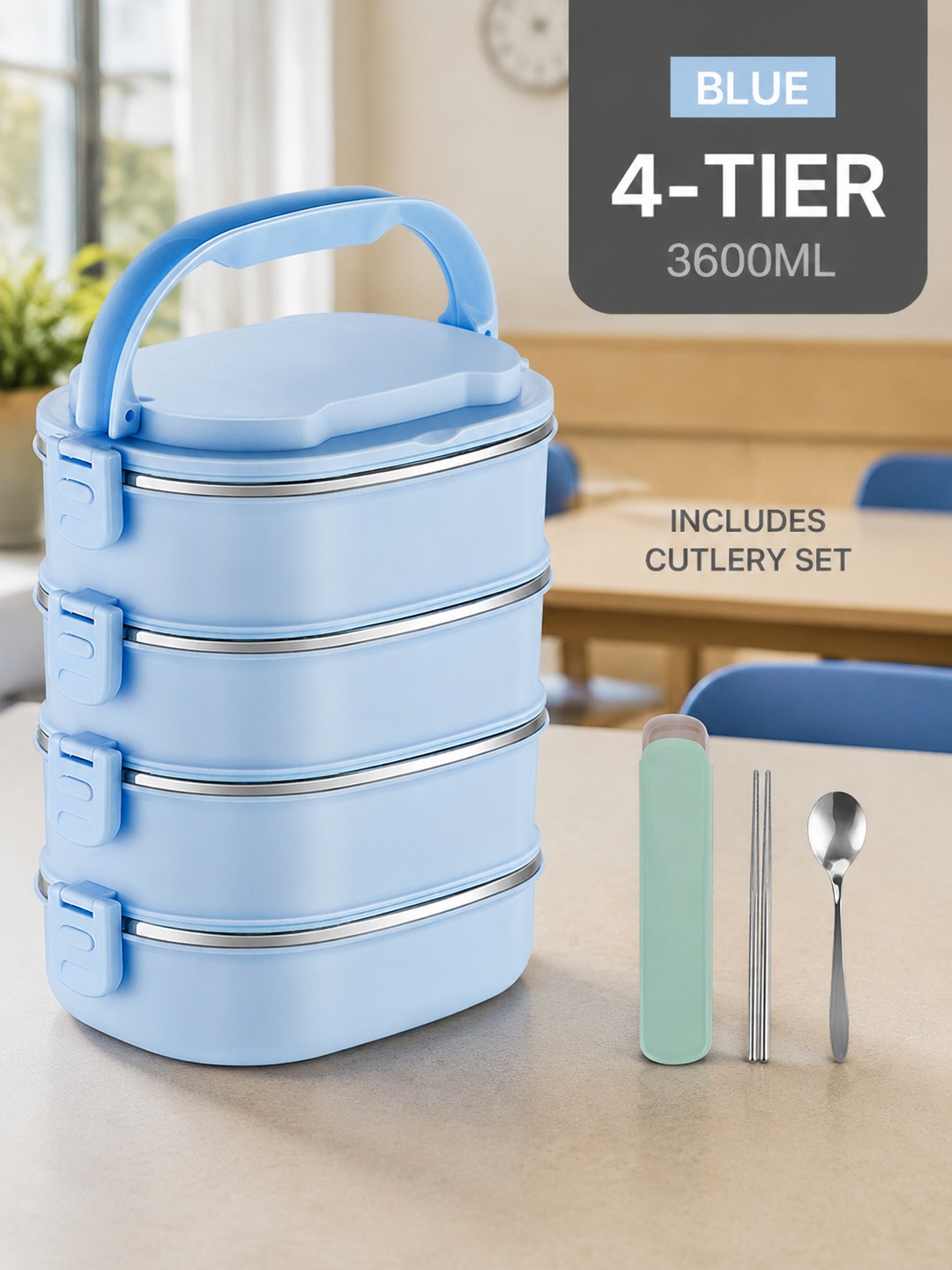 Blue 4-Tier Stainless Steel Lunch Box Set with Spoon and Chopsticks