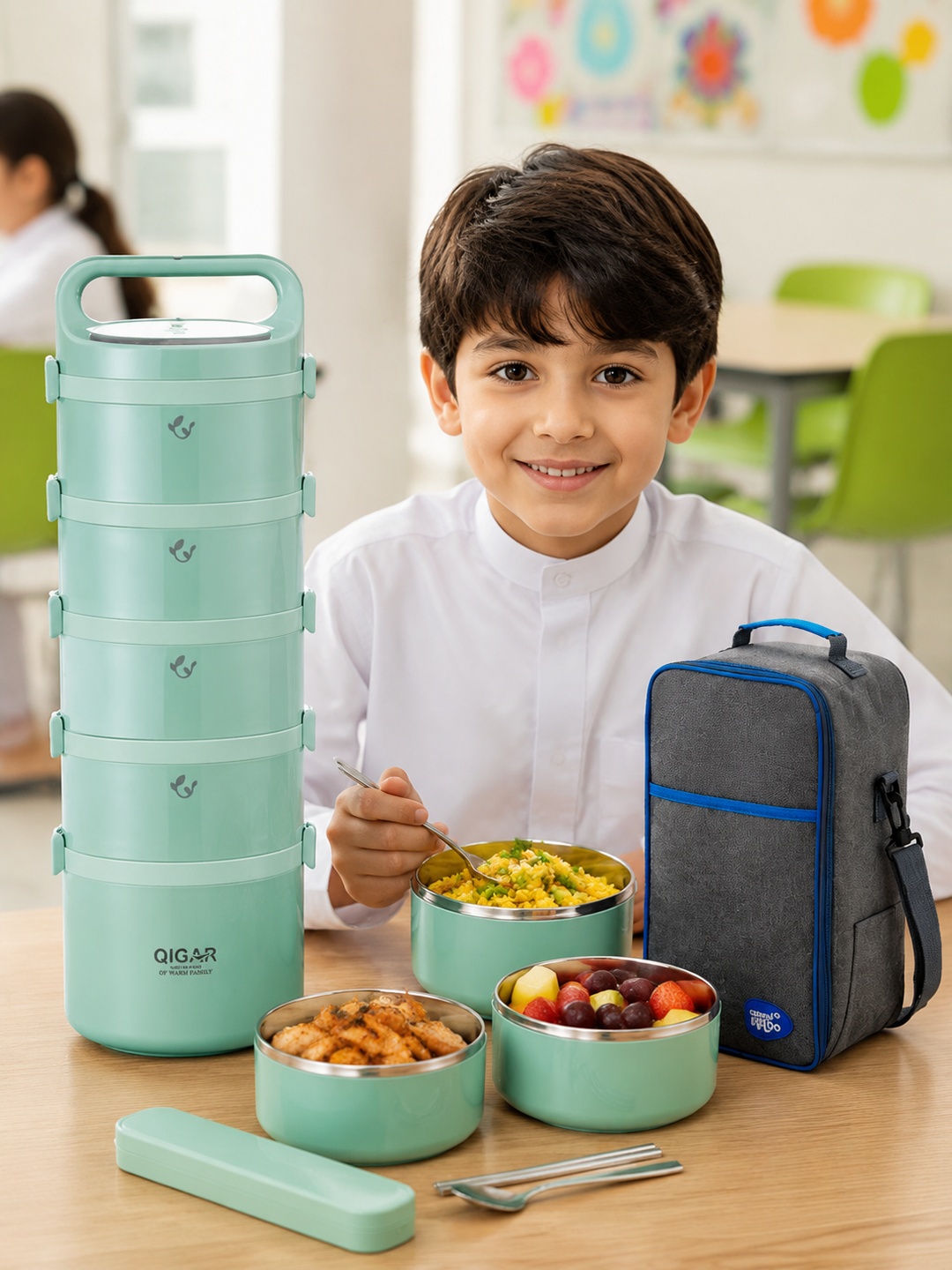 Green 5-Tier Insulated Stainless Steel Lunch Box Set 3650ml