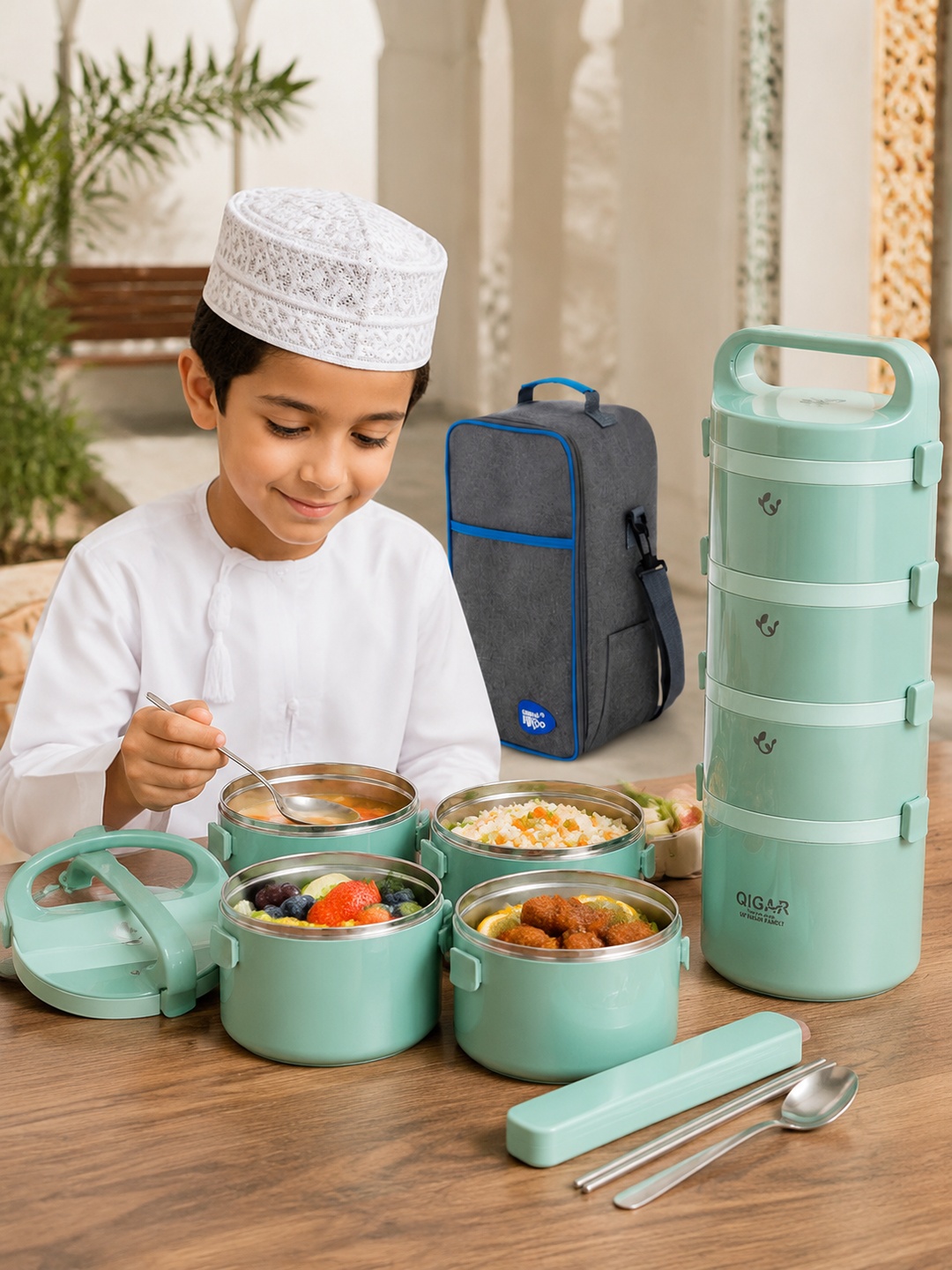 Green 5-Tier Insulated Stainless Steel Lunch Box Set 3650ml