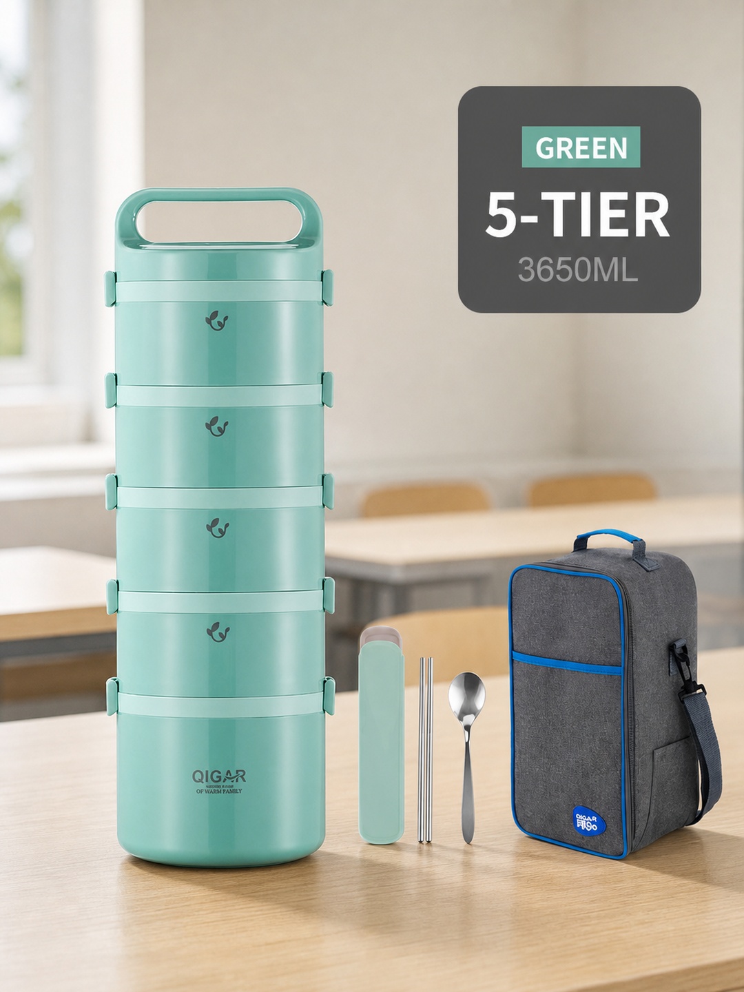 Green 5-Tier Insulated Stainless Steel Lunch Box Set 3650ml