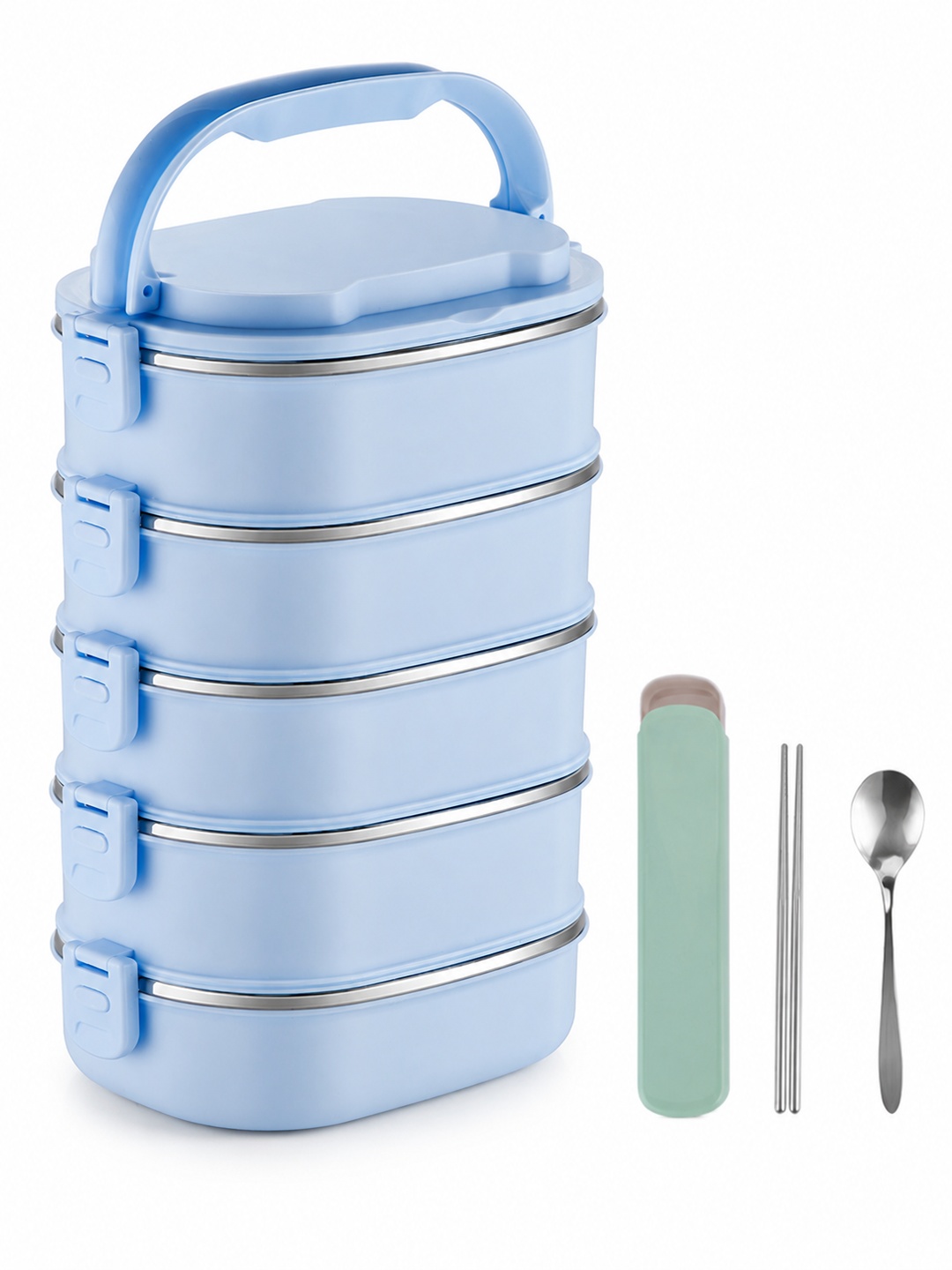 Blue 5-Tier Stainless Steel Bento Lunch Box Set, 4500ml