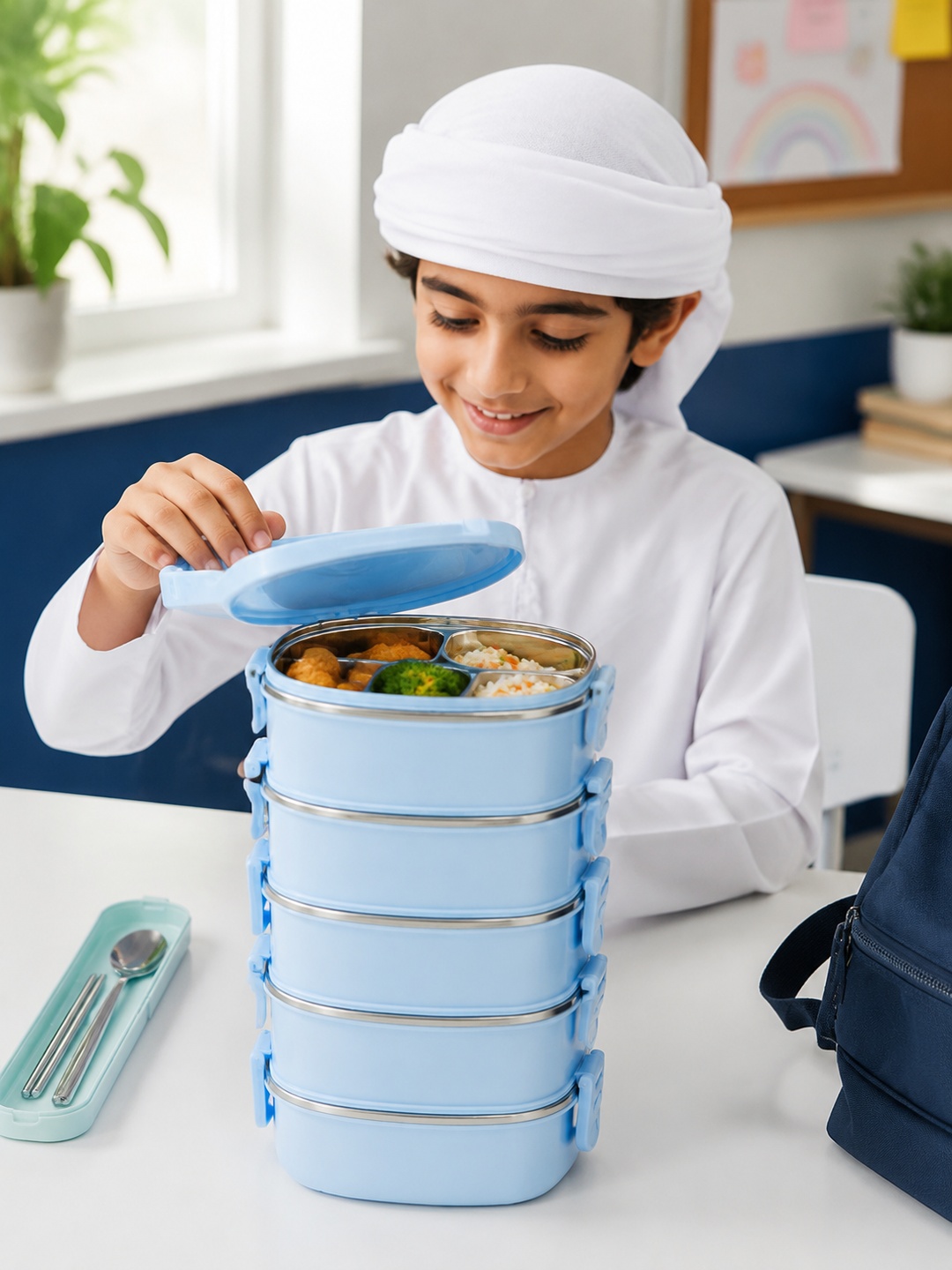 Blue 5-Tier Stainless Steel Bento Lunch Box Set, 4500ml