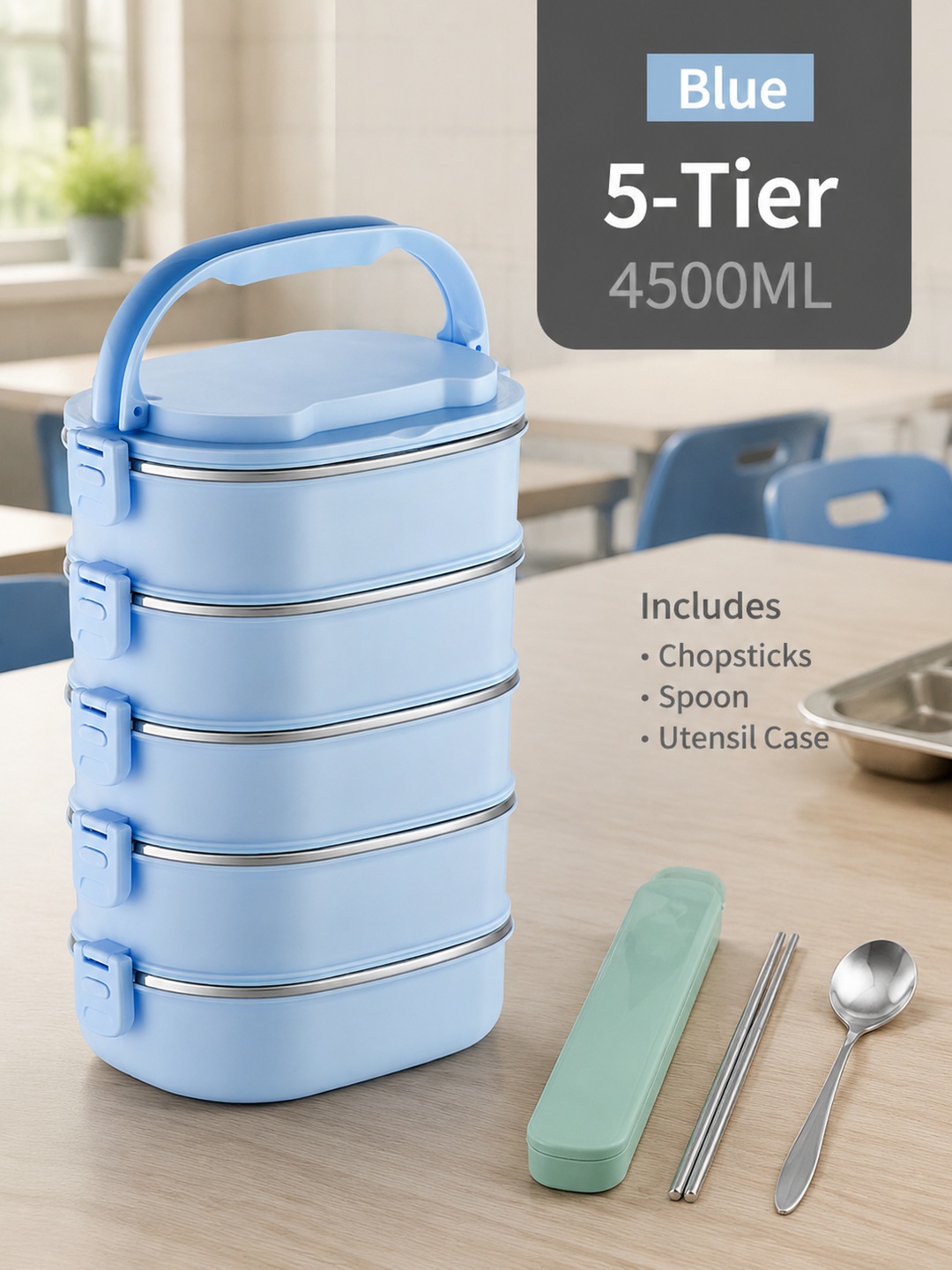 Blue 5-Tier Stainless Steel Bento Lunch Box Set, 4500ml