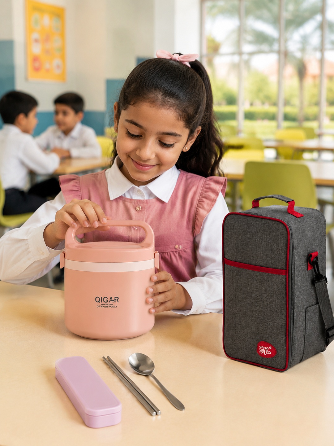 Pink 1250ml Stainless Steel Insulated Lunch Box with Utensils and Bag