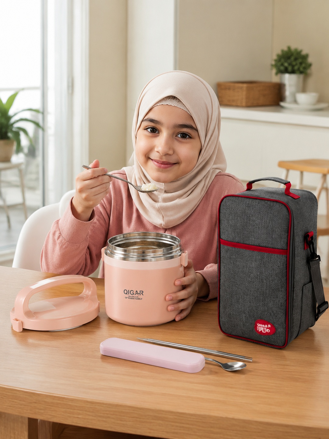 Pink 1250ml Stainless Steel Insulated Lunch Box with Utensils and Bag
