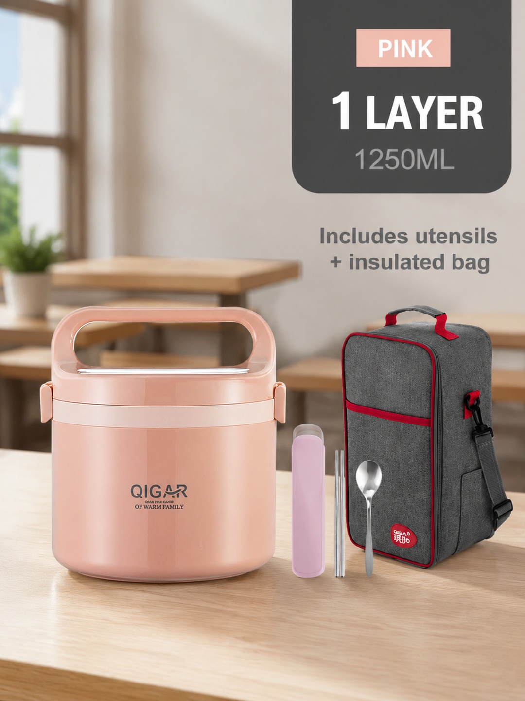 Pink 1250ml Stainless Steel Insulated Lunch Box with Utensils and Bag
