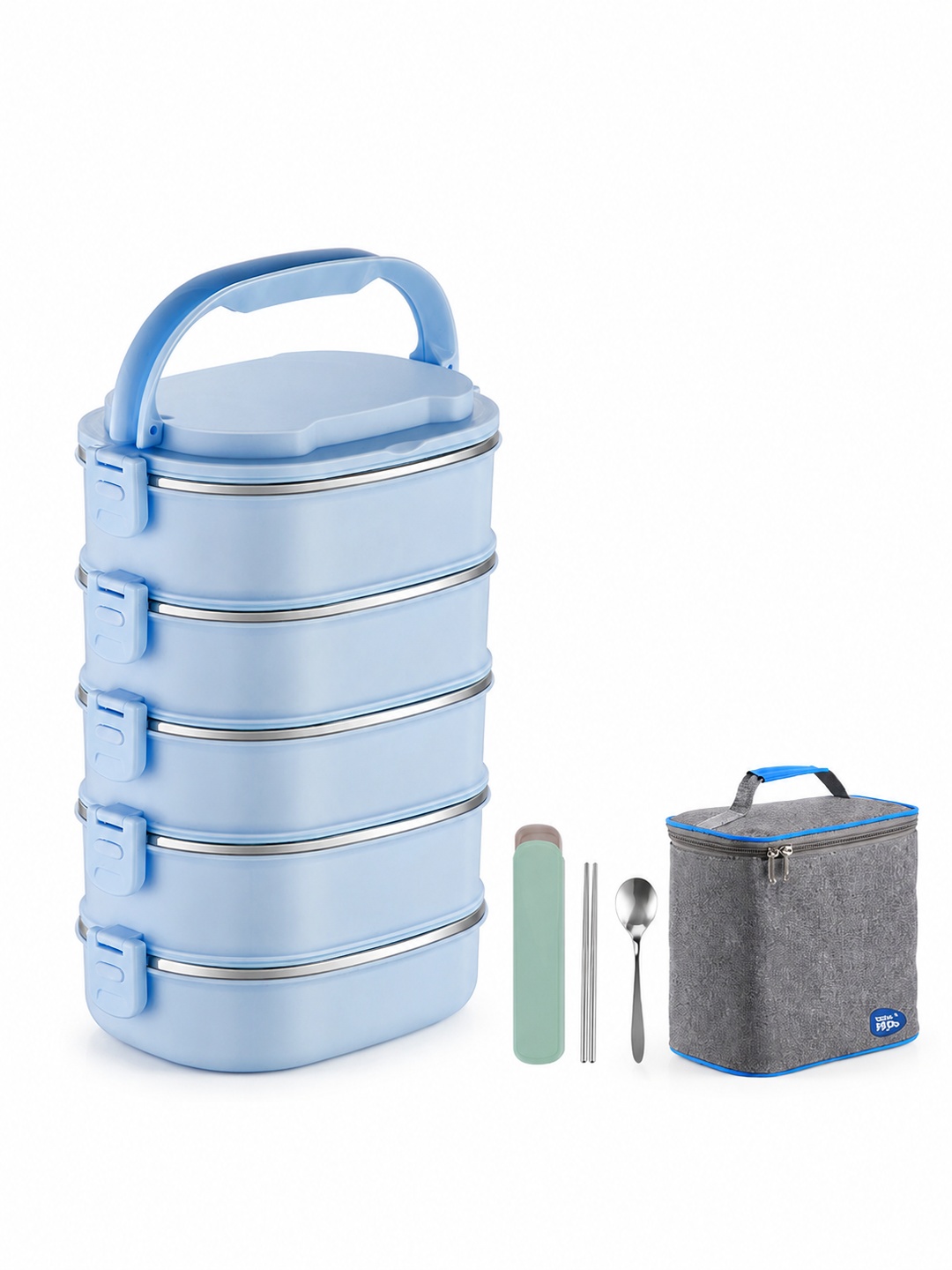 Blue 5-Tier Stainless Steel Bento Lunch Box Set with Insulated Bag