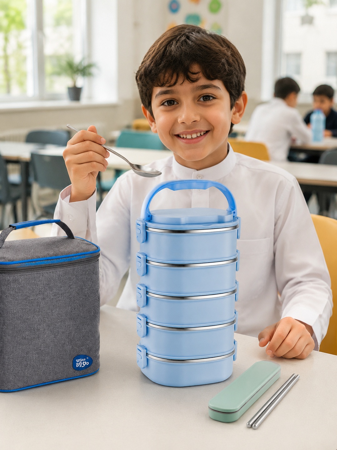 Blue 5-Tier Stainless Steel Bento Lunch Box Set with Insulated Bag
