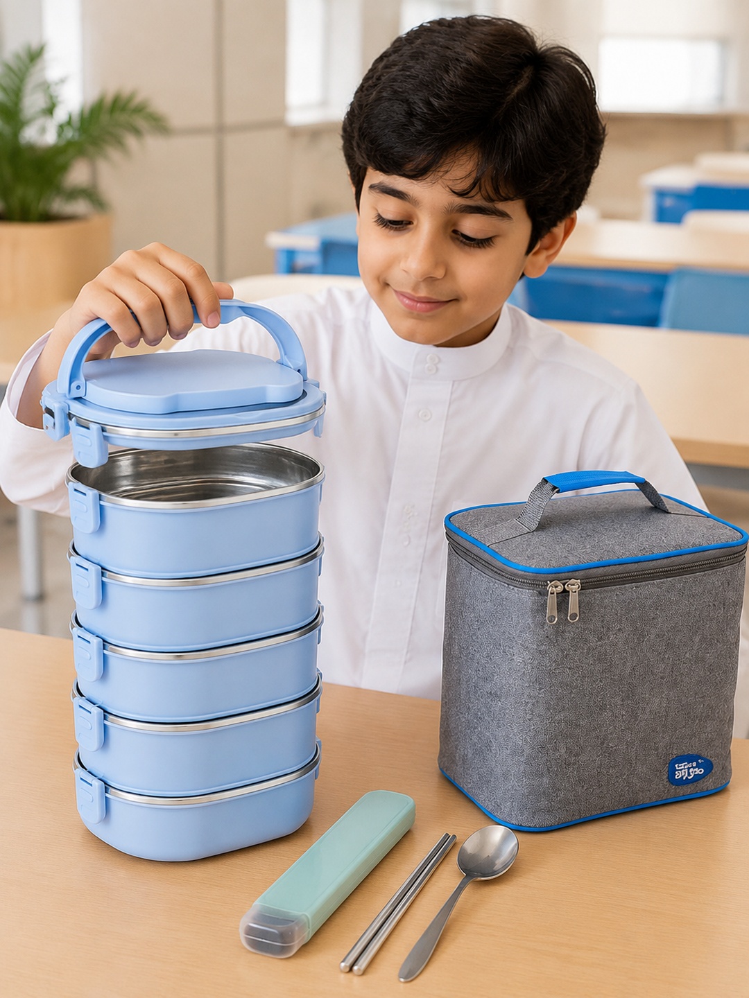Blue 5-Tier Stainless Steel Bento Lunch Box Set with Insulated Bag