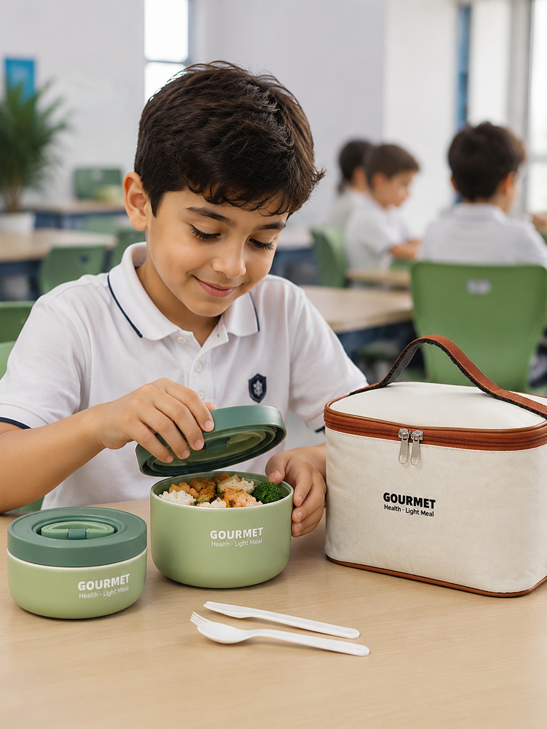 Green 3-Piece Stainless Steel Lunch Box Set with Insulated Bag