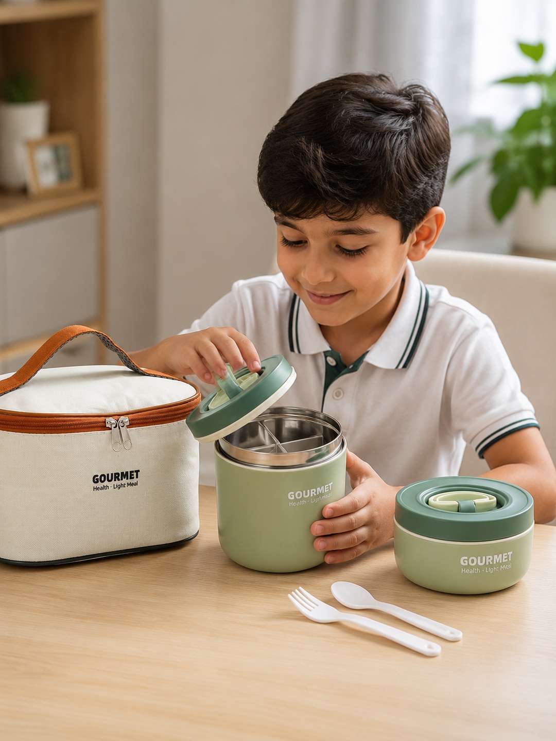 Green 3-Piece Stainless Steel Lunch Box Set with Insulated Bag