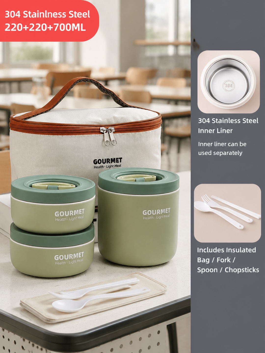 Green 3-Piece Stainless Steel Lunch Box Set with Insulated Bag