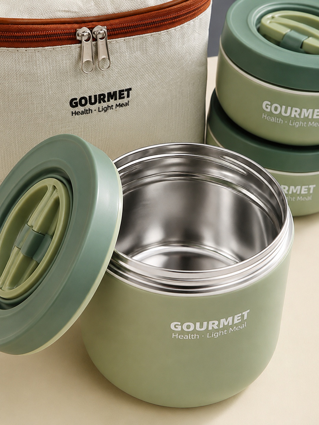 Green 3-Piece Stainless Steel Lunch Box Set with Insulated Bag