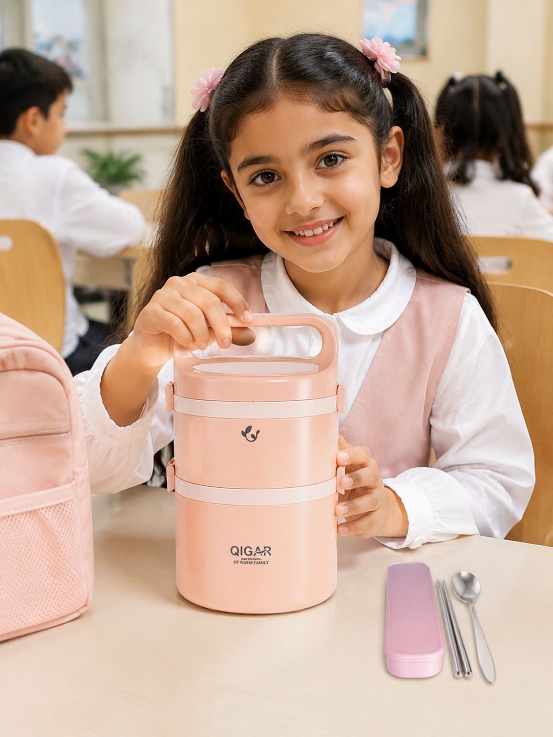 Pink 2-Tier Insulated Stainless Steel Lunch Box Set, 1850ml