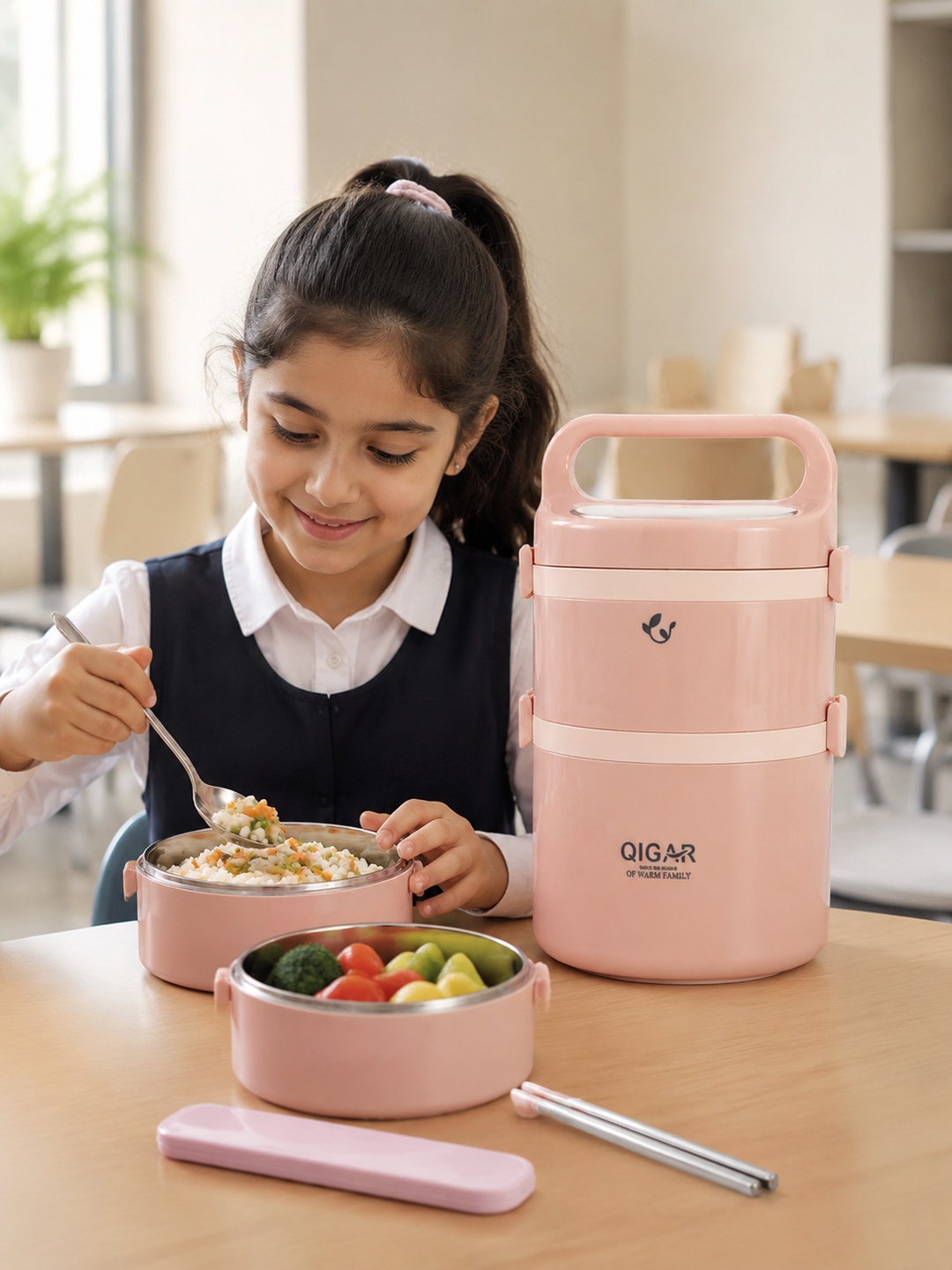 Pink 2-Tier Insulated Stainless Steel Lunch Box Set, 1850ml