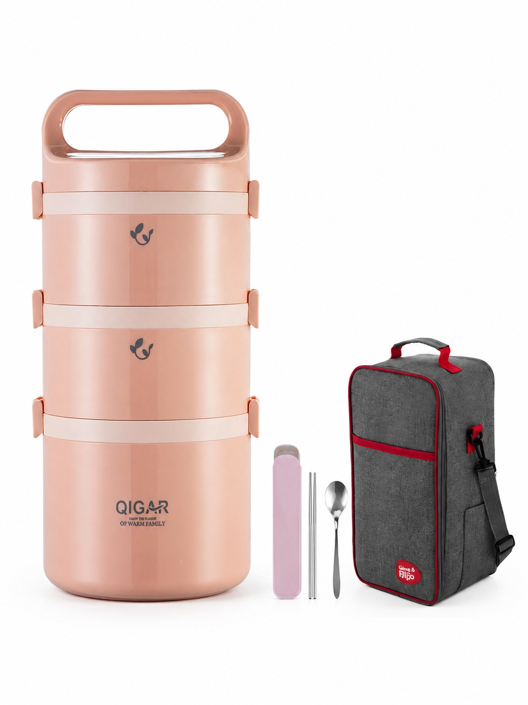 Pink 3-Tier Stainless Steel Insulated Lunch Box Set with Bag