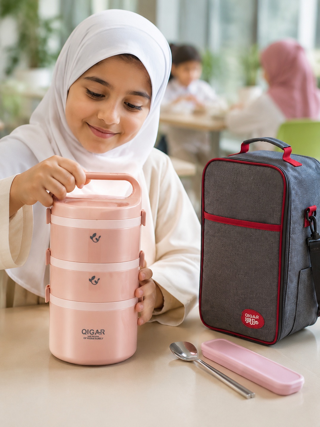 Pink 3-Tier Stainless Steel Insulated Lunch Box Set with Bag