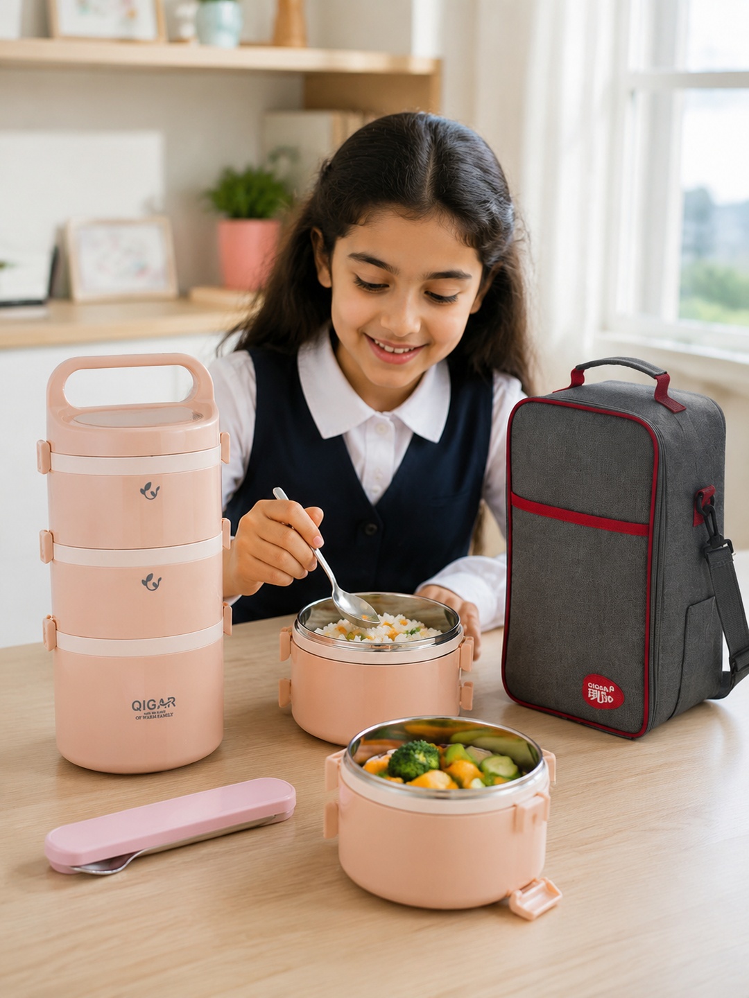 Pink 3-Tier Stainless Steel Insulated Lunch Box Set with Bag
