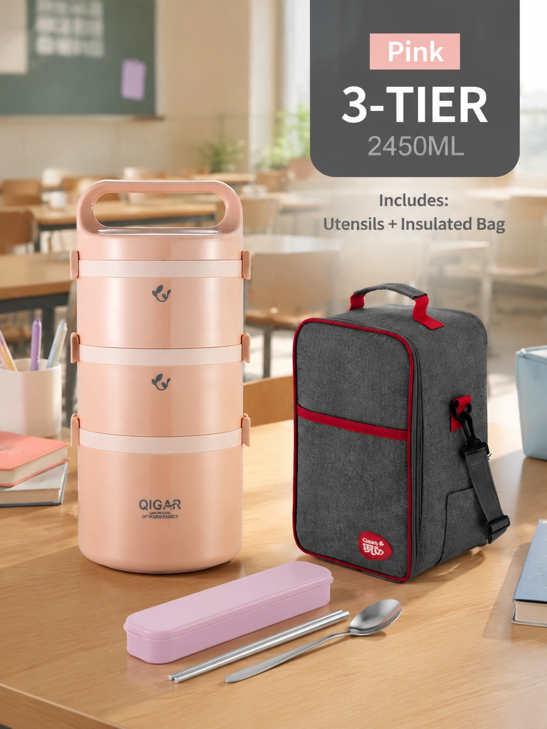 Pink 3-Tier Stainless Steel Insulated Lunch Box Set with Bag