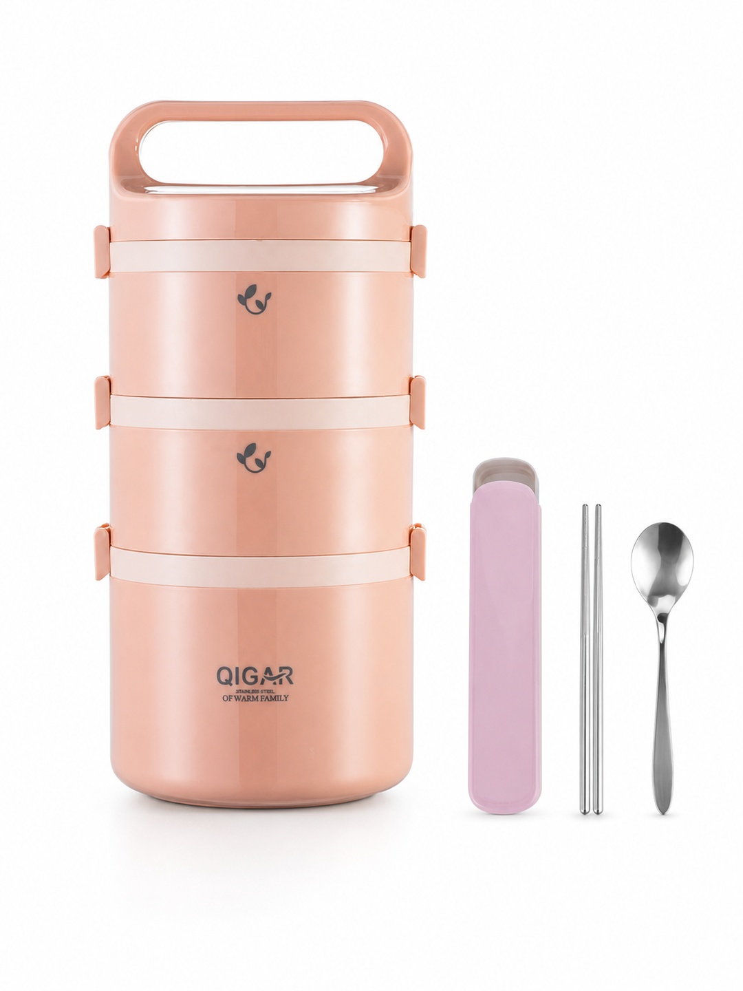 Pink 3-Tier Stainless Steel Insulated Lunch Box with Cutlery 2450ml