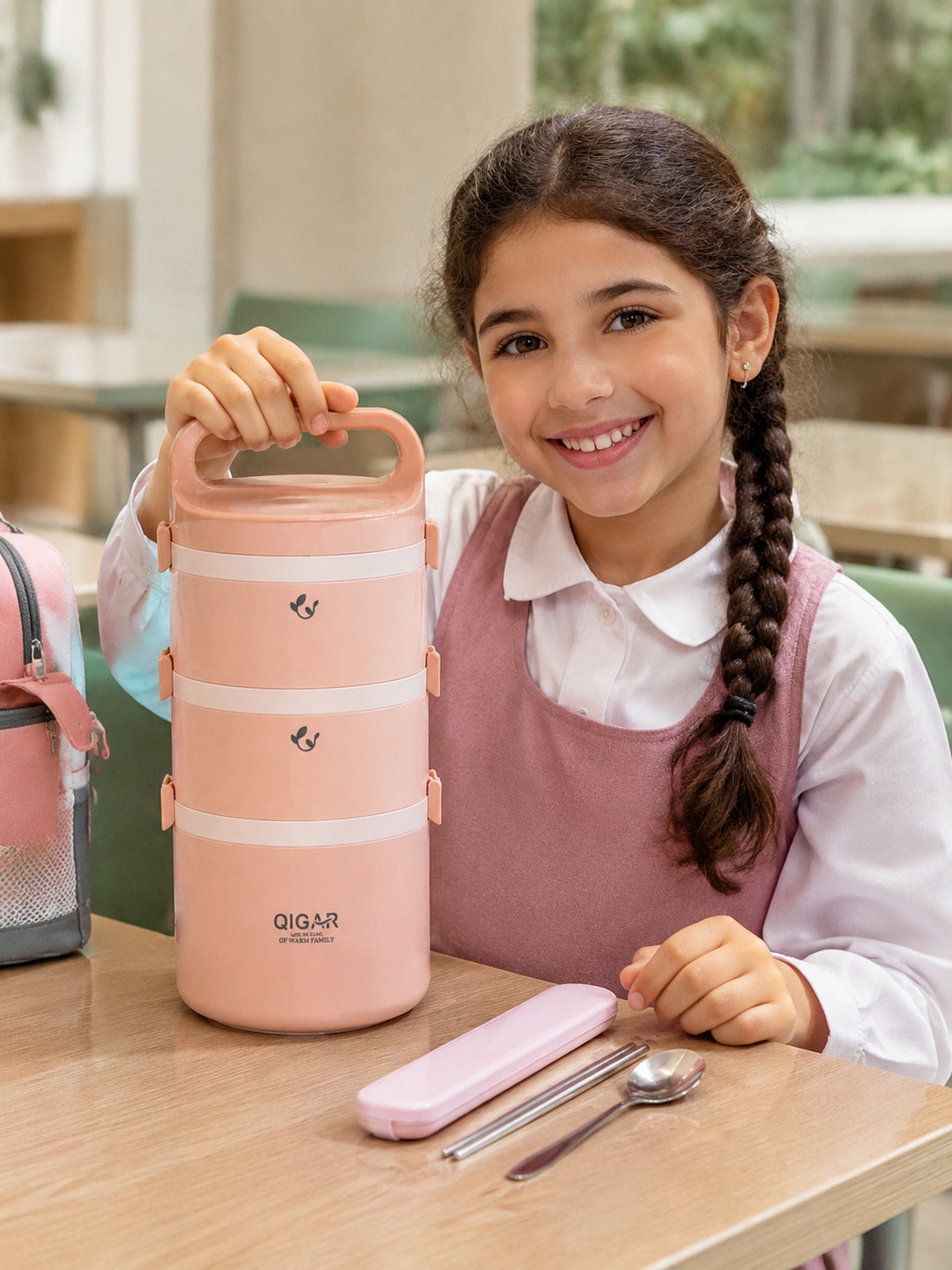 Pink 3-Tier Stainless Steel Insulated Lunch Box with Cutlery 2450ml