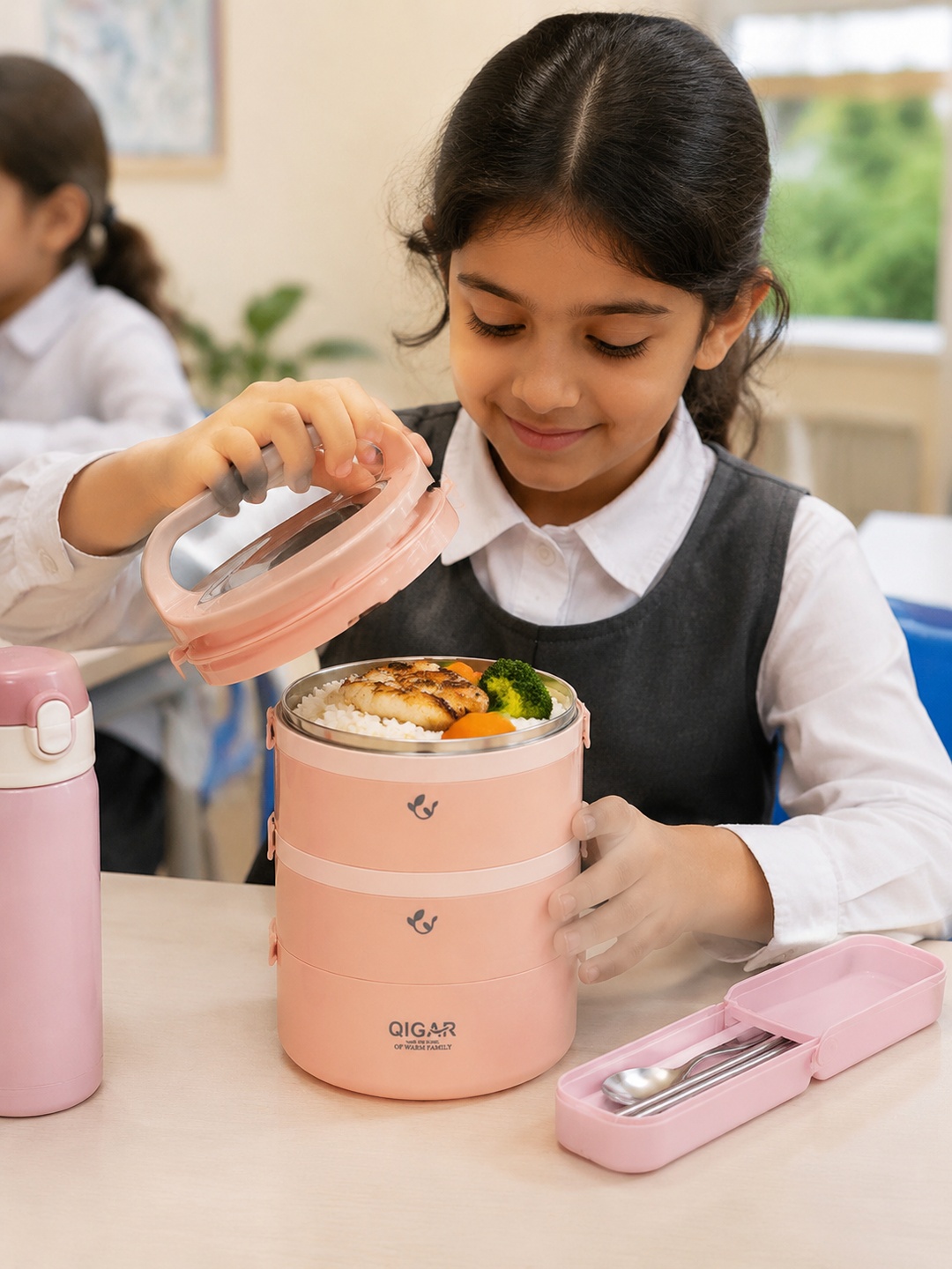 Pink 3-Tier Stainless Steel Insulated Lunch Box with Cutlery 2450ml