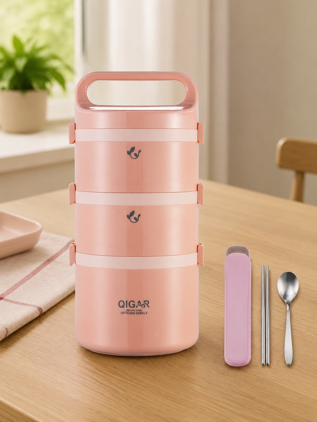 Pink 3-Tier Stainless Steel Insulated Lunch Box with Cutlery 2450ml