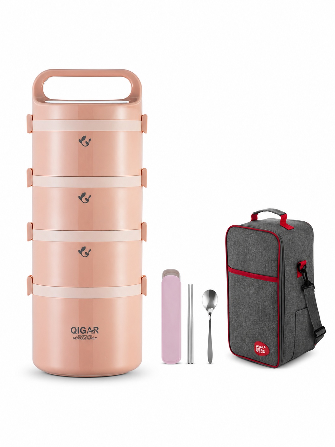 Pink 4-Tier 3050ml Stainless Steel Lunch Box with Bag and Cutlery
