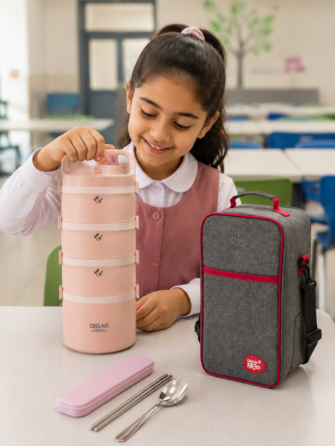 Pink 4-Tier 3050ml Stainless Steel Lunch Box with Bag and Cutlery