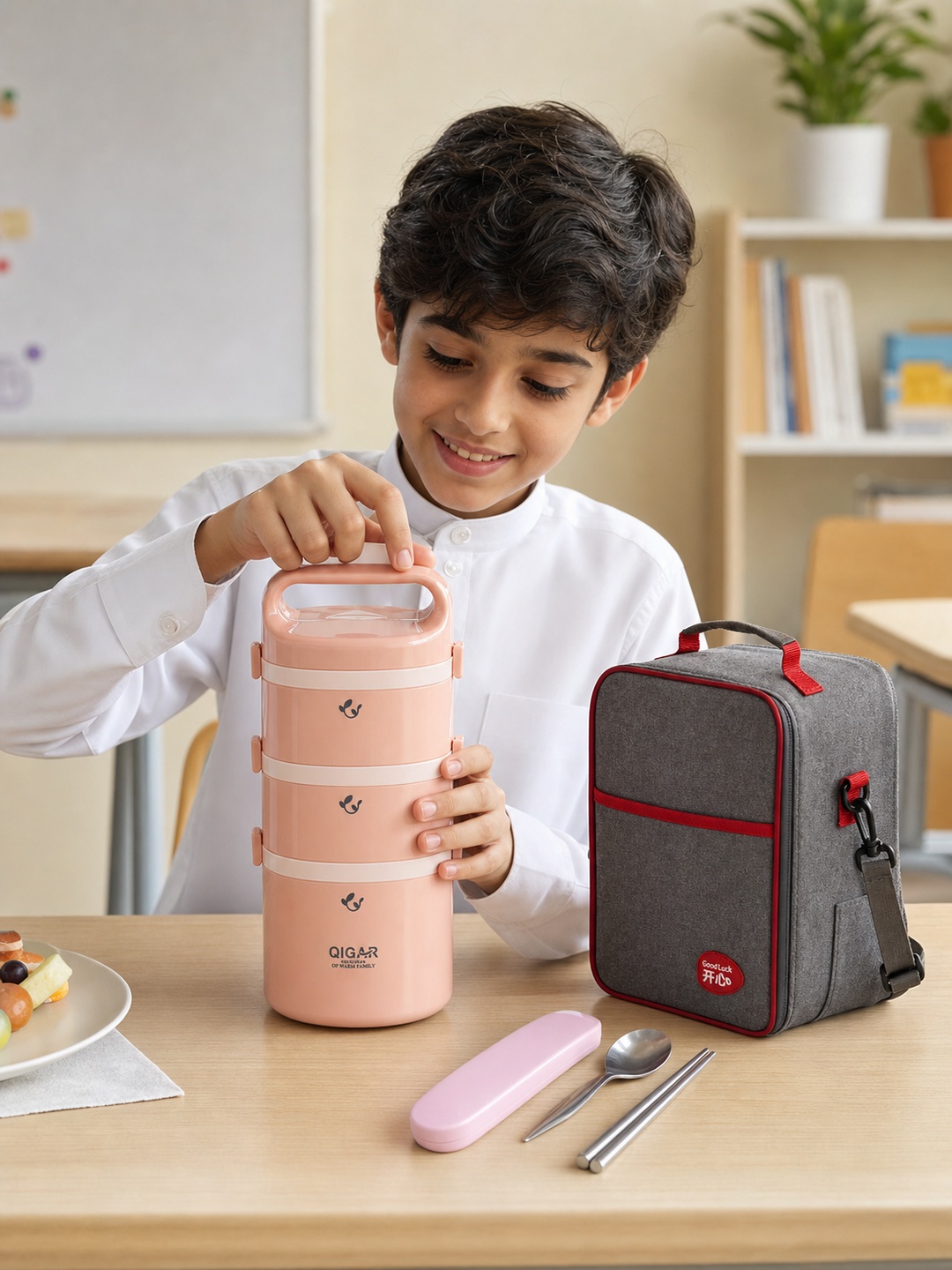 Pink 4-Tier 3050ml Stainless Steel Lunch Box with Bag and Cutlery