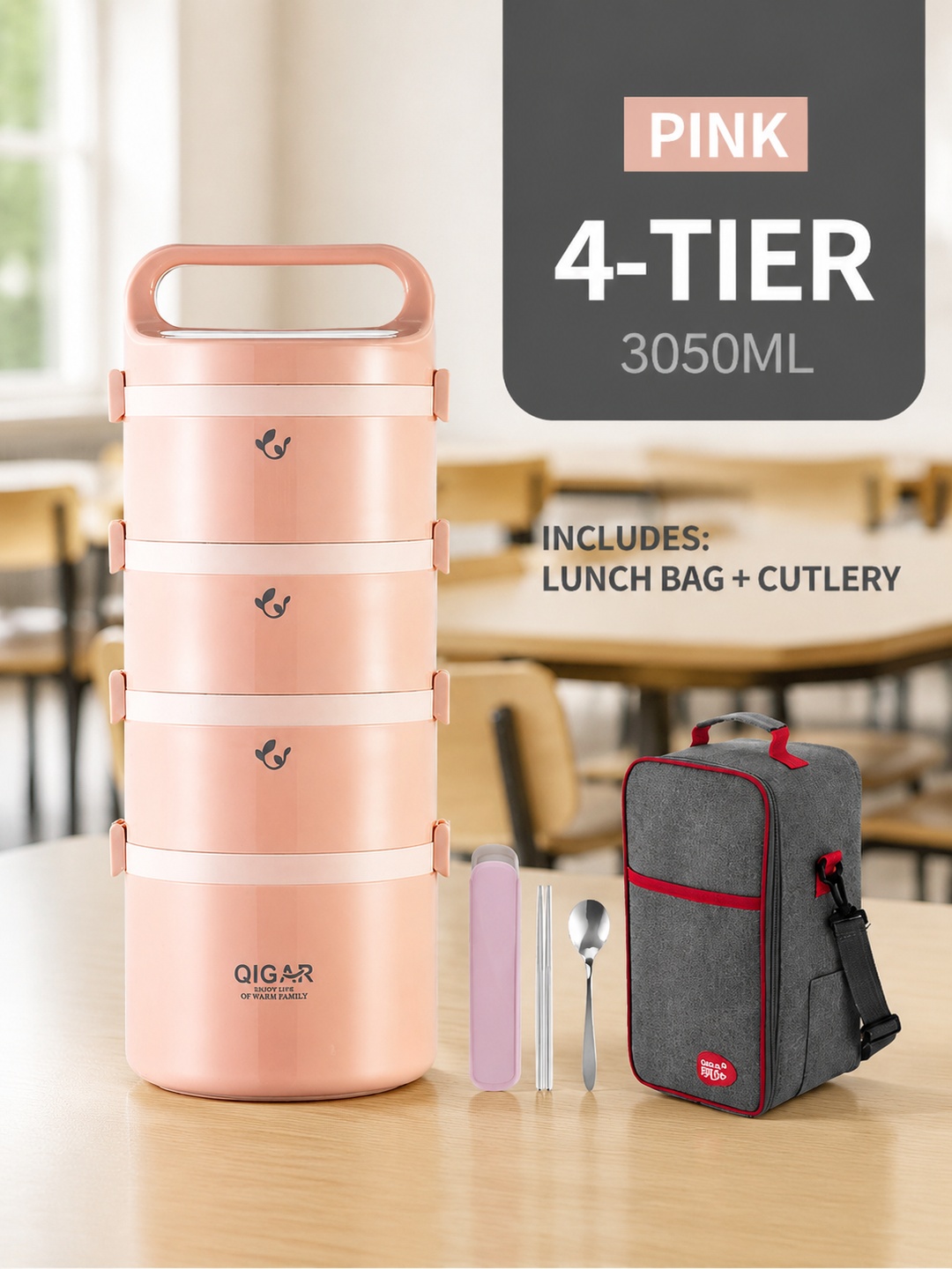 Pink 4-Tier 3050ml Stainless Steel Lunch Box with Bag and Cutlery
