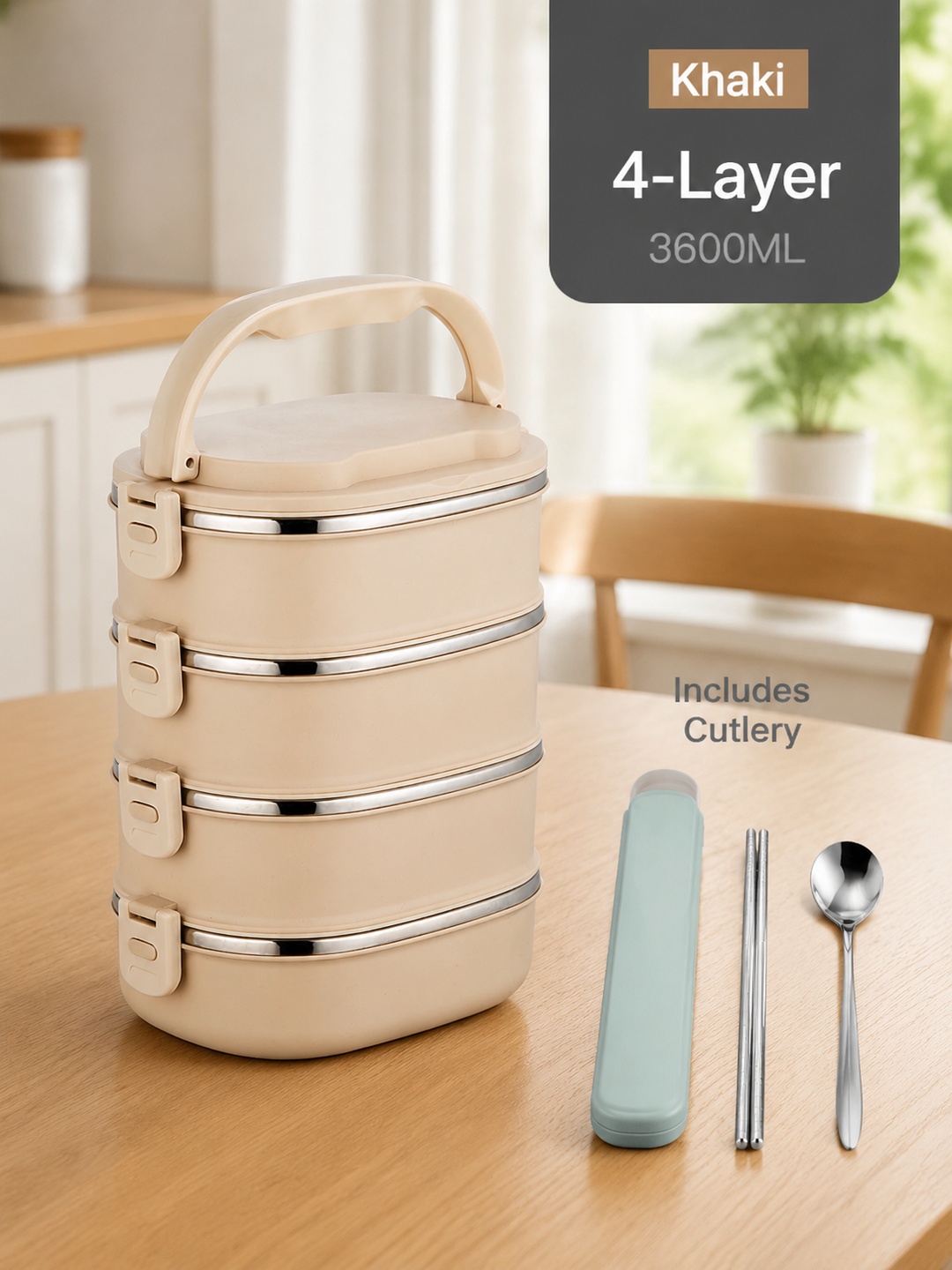 4-Tier 3600ml Stainless Steel Lunch Box with Spoon and Chopsticks