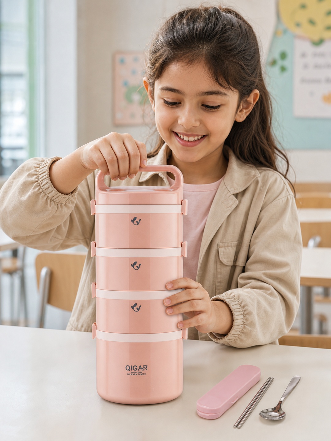 Pink 4-Tier 3050ml Stainless Steel Insulated Lunch Box Set