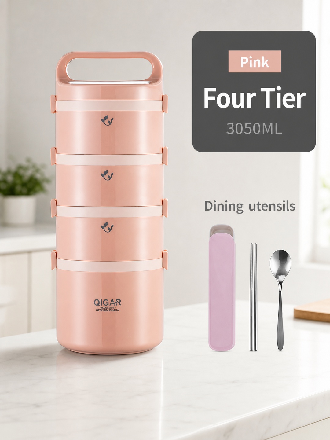 Pink 4-Tier 3050ml Stainless Steel Insulated Lunch Box Set