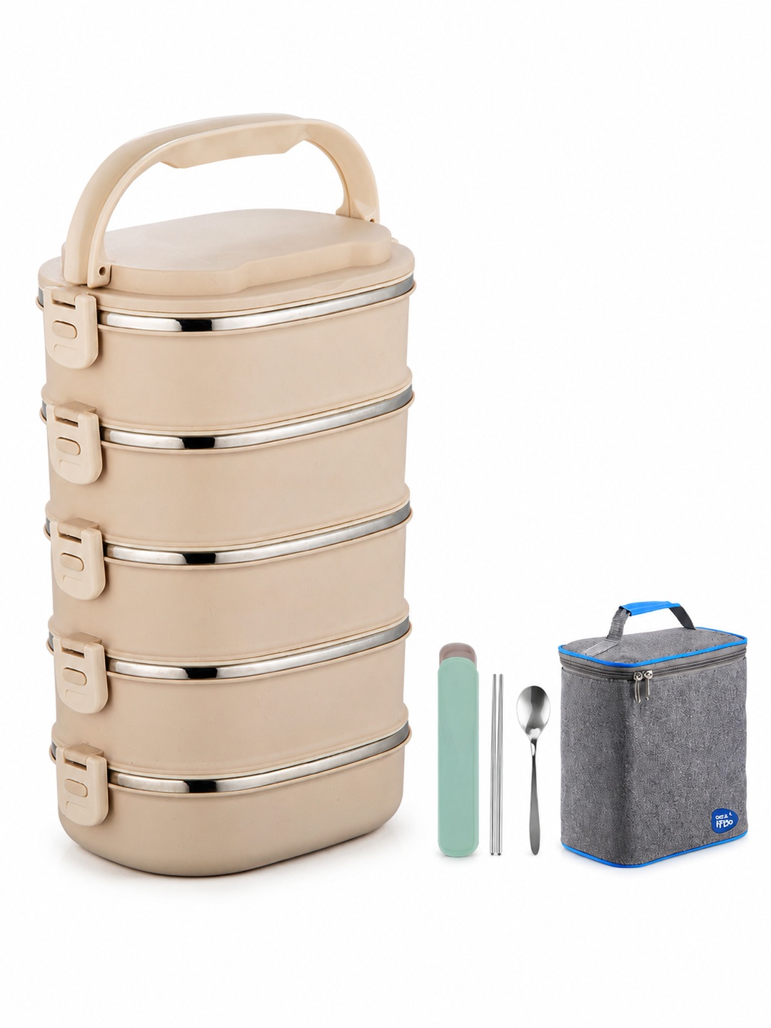 Khaki 5-Tier 4500ml Stainless Steel Bento Box with Bag and Utensils